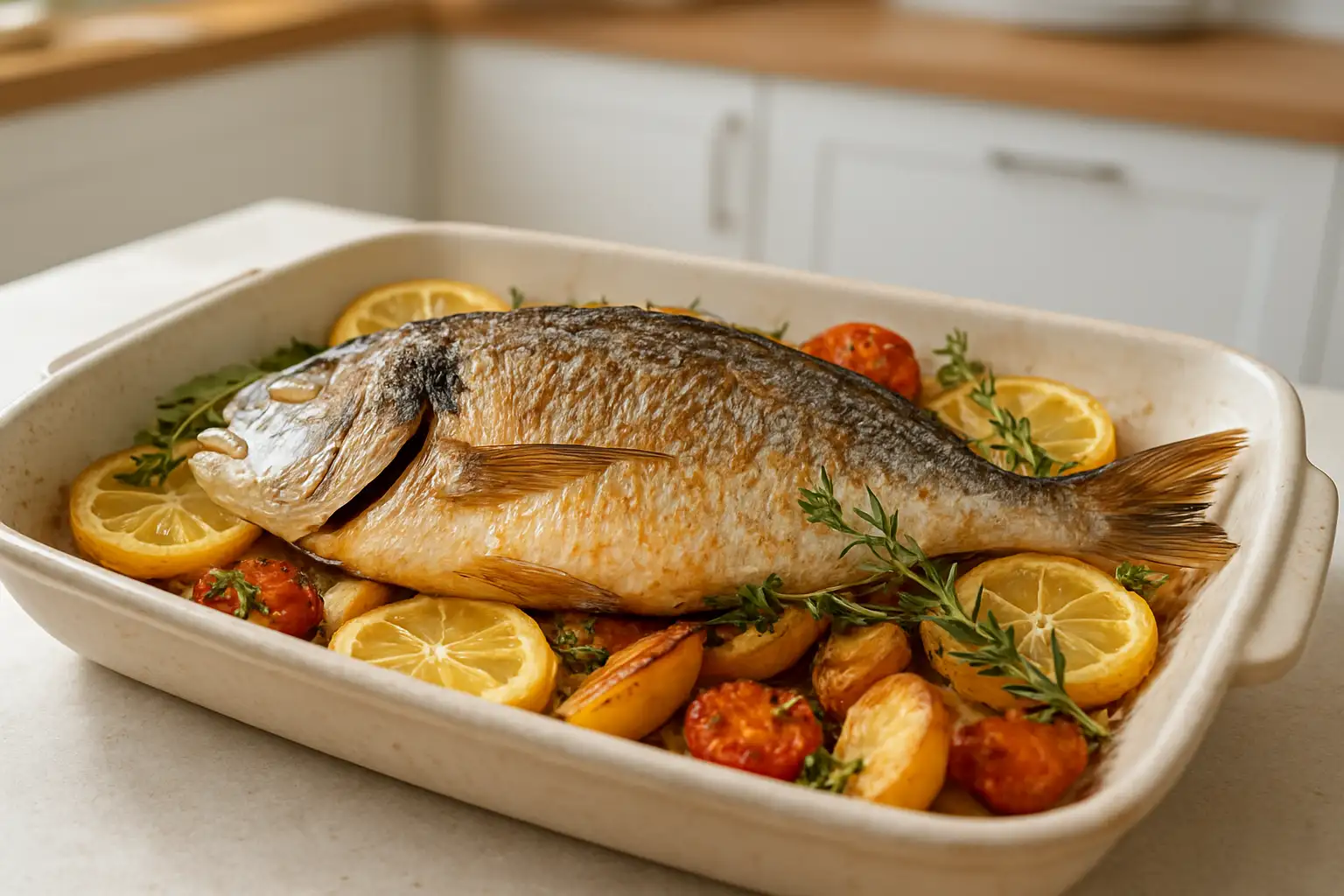 Dorade entière au four avec citron, herbes et légumes rôtis
