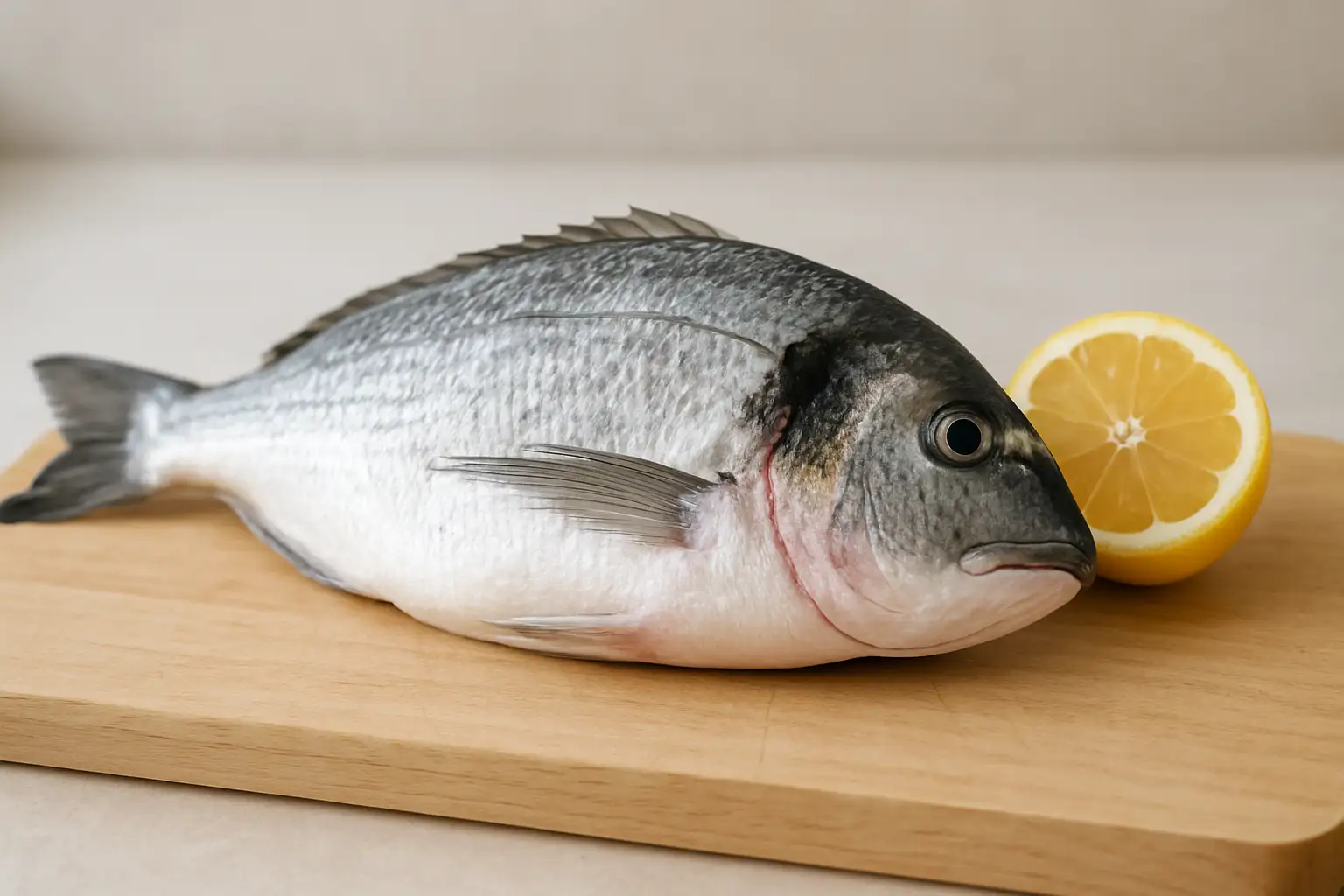 Dorade fraîche entière sur une planche en bois avec un citron coupé à côté