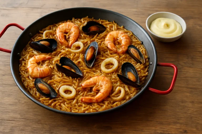 Fideuà valencienne aux fruits de mer servie dans une large poêle avec de l’ailoli
