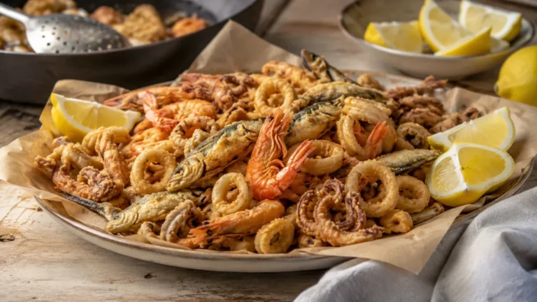 Fritto misto italien composé de calamars, crevettes et petits poissons frits, servi avec des quartiers de citron.
