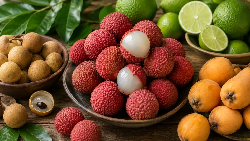 Litchis, limes, longanes et loquats présentés sur une table en bois
