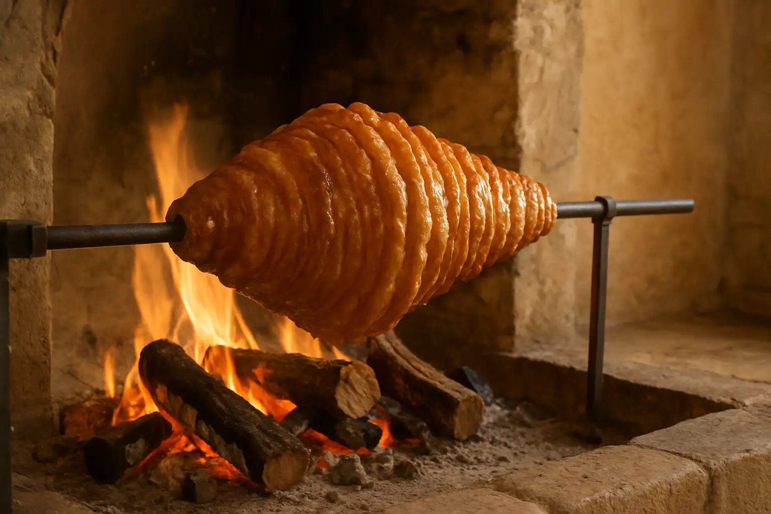 Gâteau à la broche traditionnel en cuisson sur une broche tournante près d’un feu de bois