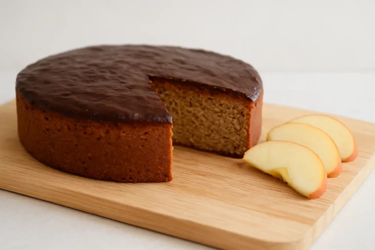 Gâteau sans sucre moelleux démoulé sur une planche, avec cacao amer et tranches de pomme