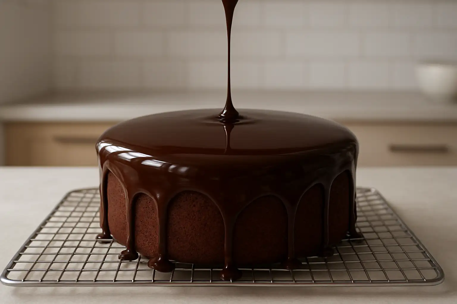 Entremets recouvert d’un glaçage chocolat brillant en cuisine