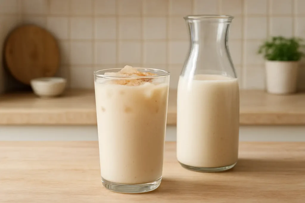 Verre de horchata bien froide servi avec une carafe sur une table