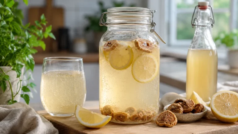 Kéfir de fruits maison en fermentation avec citron et figues séchées dans un bocal en verre.