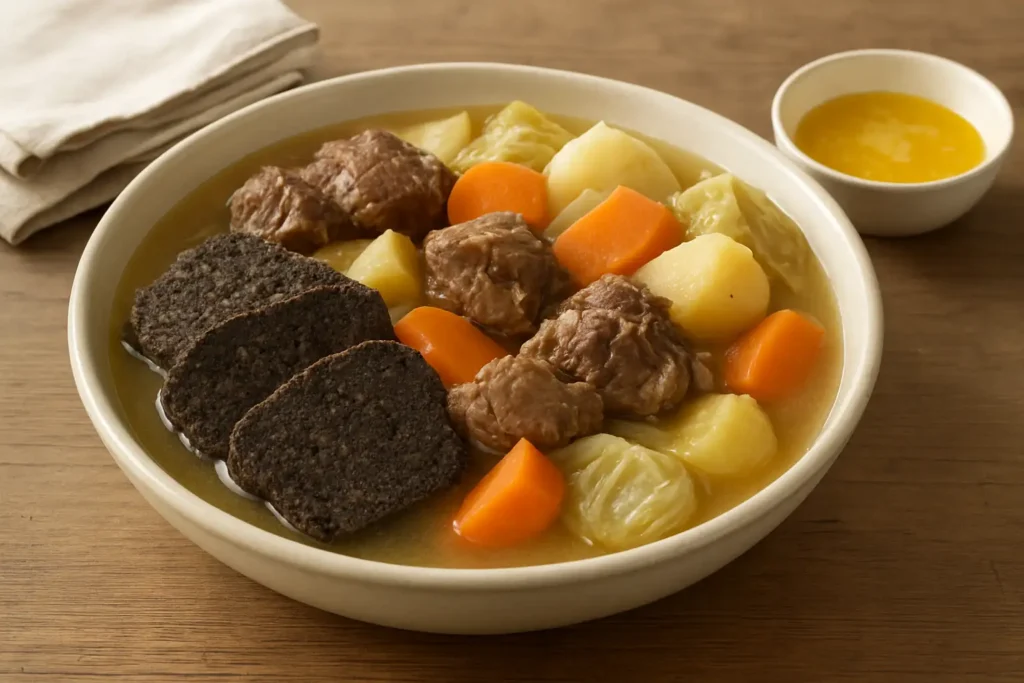 Plat traditionnel breton kig ha farz avec viande, légumes et farz tranché