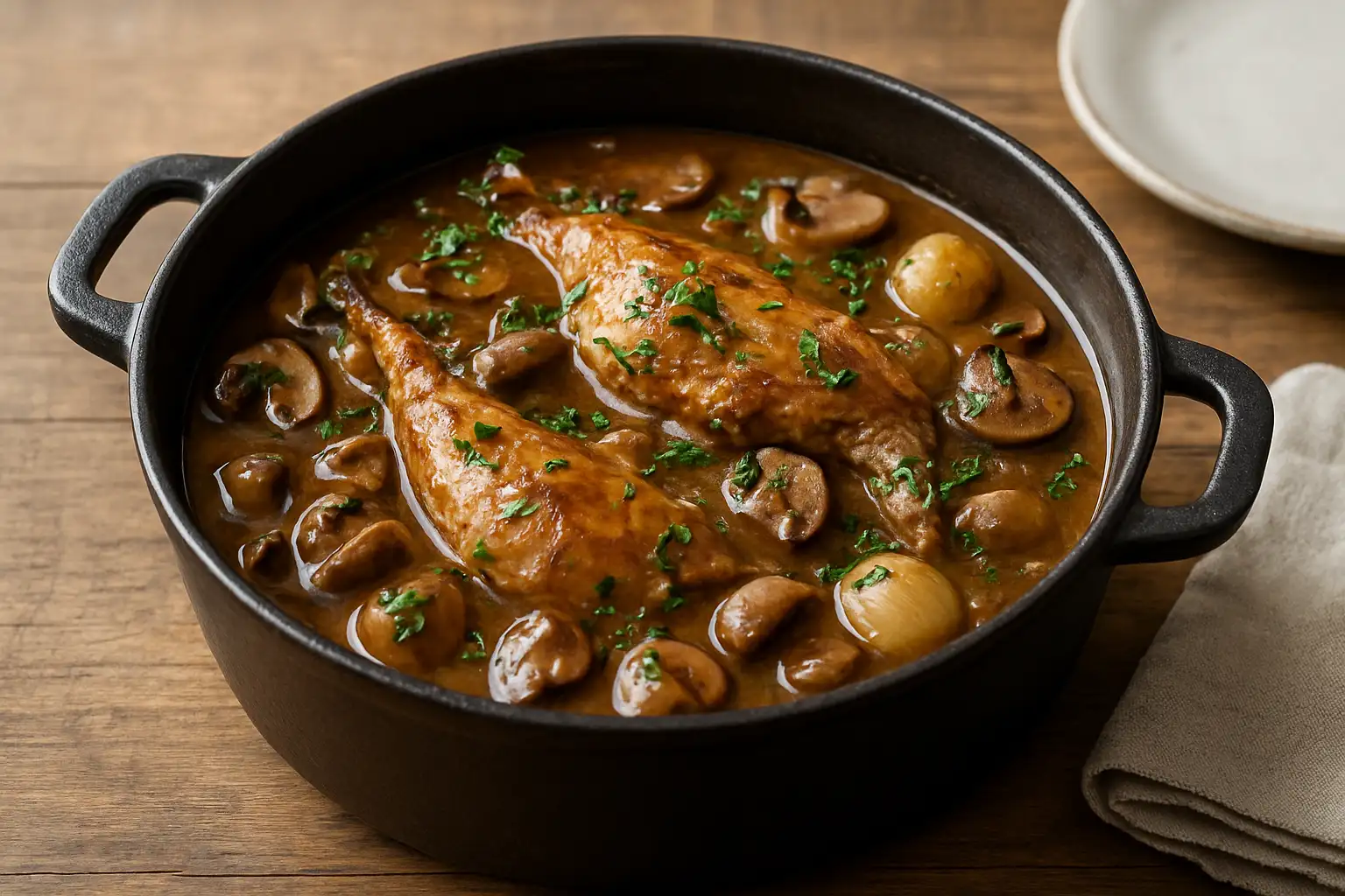 Lapin chasseur mijoté en cocotte avec sauce aux champignons et au vin blanc
