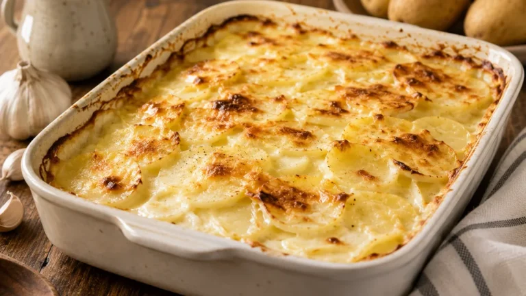 Gratin dauphinois traditionnel crémeux aux pommes de terre, à la crème et à l’ail