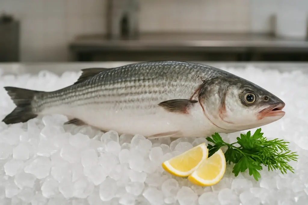 Mulet poisson frais entier présenté sur de la glace avec du citron