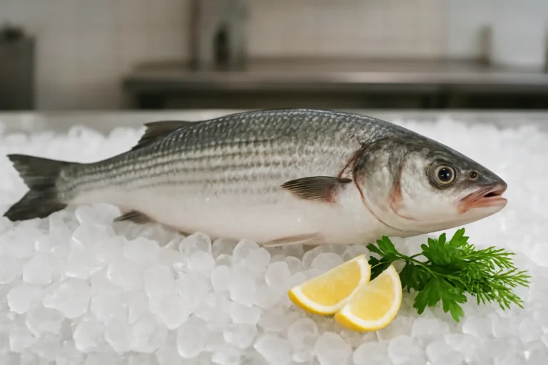 Mulet poisson frais entier présenté sur de la glace avec du citron