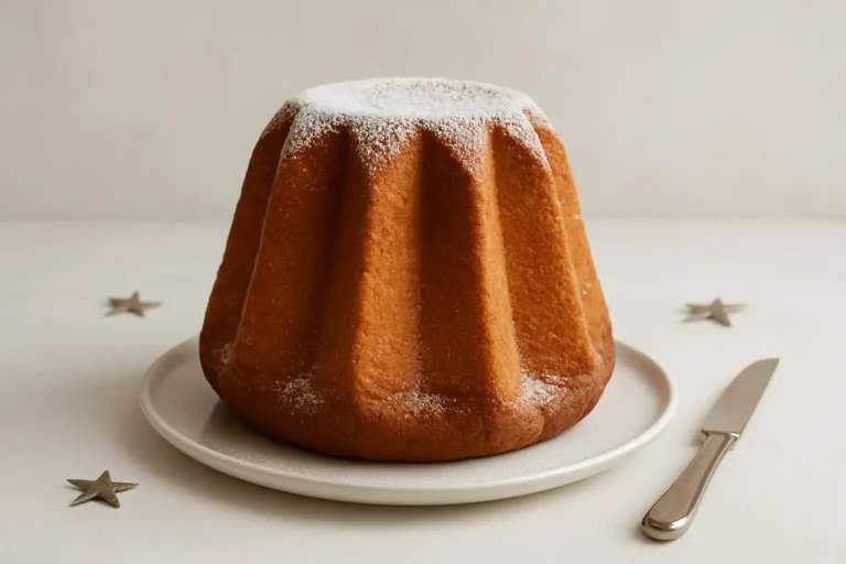 Pandoro italien traditionnel saupoudré de sucre glace sur une table de cuisine