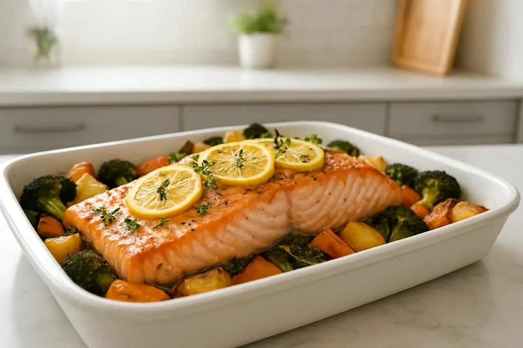 Pavé de saumon au four servi avec citron, herbes fraîches et légumes rôtis
