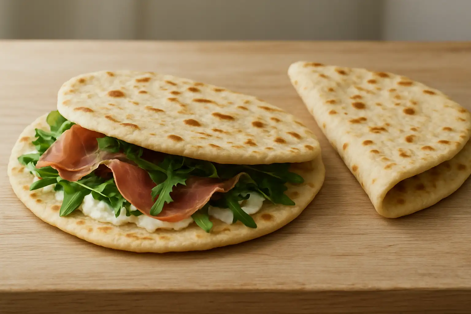 Piadina romagnola garnie de jambon cru, roquette et fromage frais