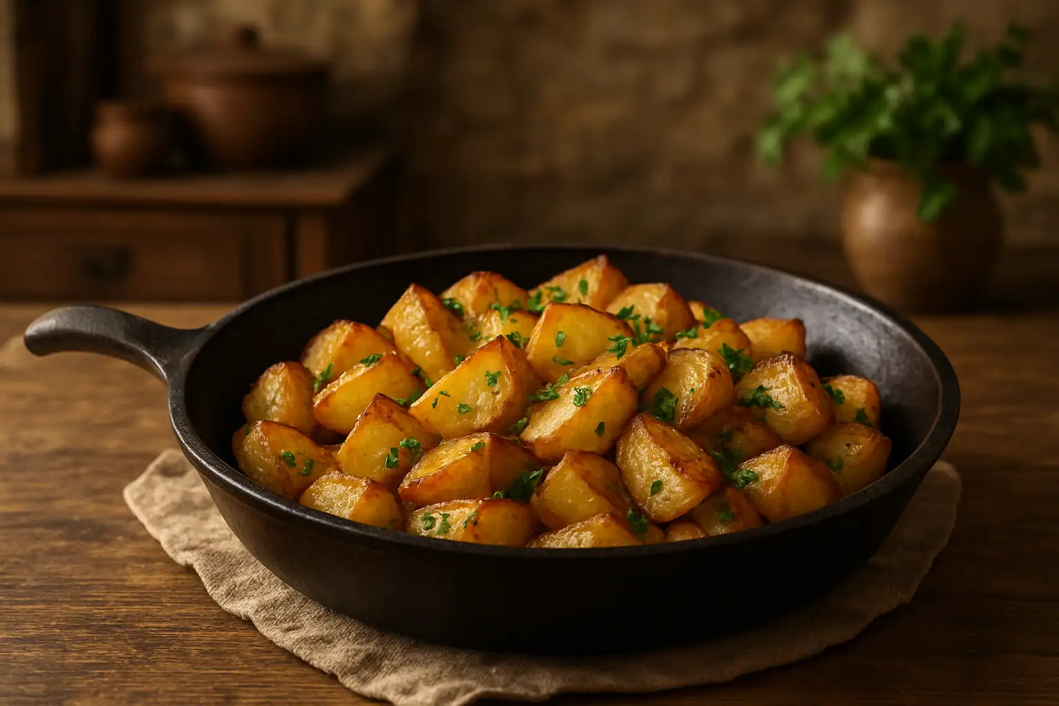 Pommes de terre sarladaises dorées dans une poêle, avec persil frais