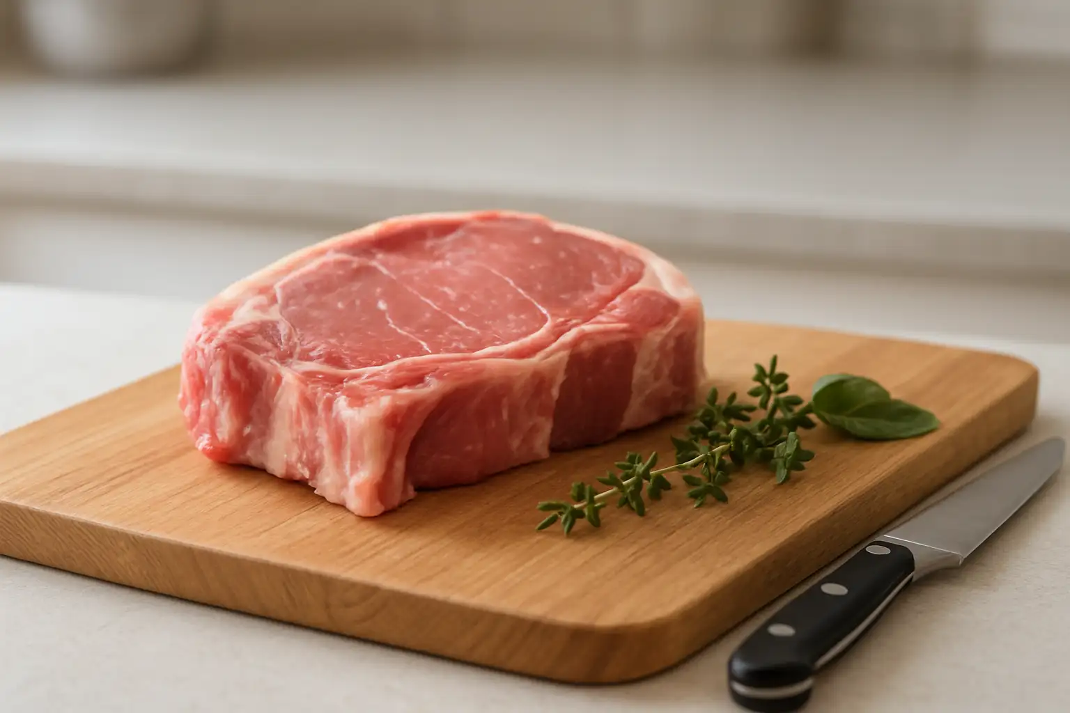 Quasi de veau cru sur une planche de cuisine avec des herbes fraîches