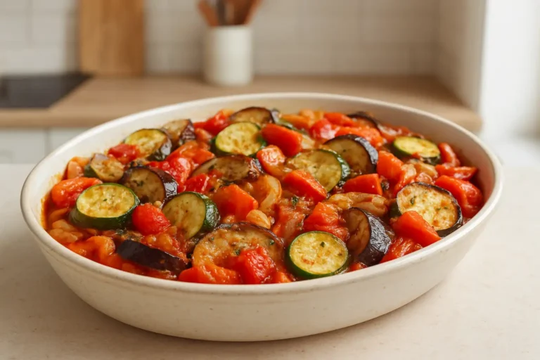 Plat ovale de ratatouille maison aux légumes d’été, vue plongeante