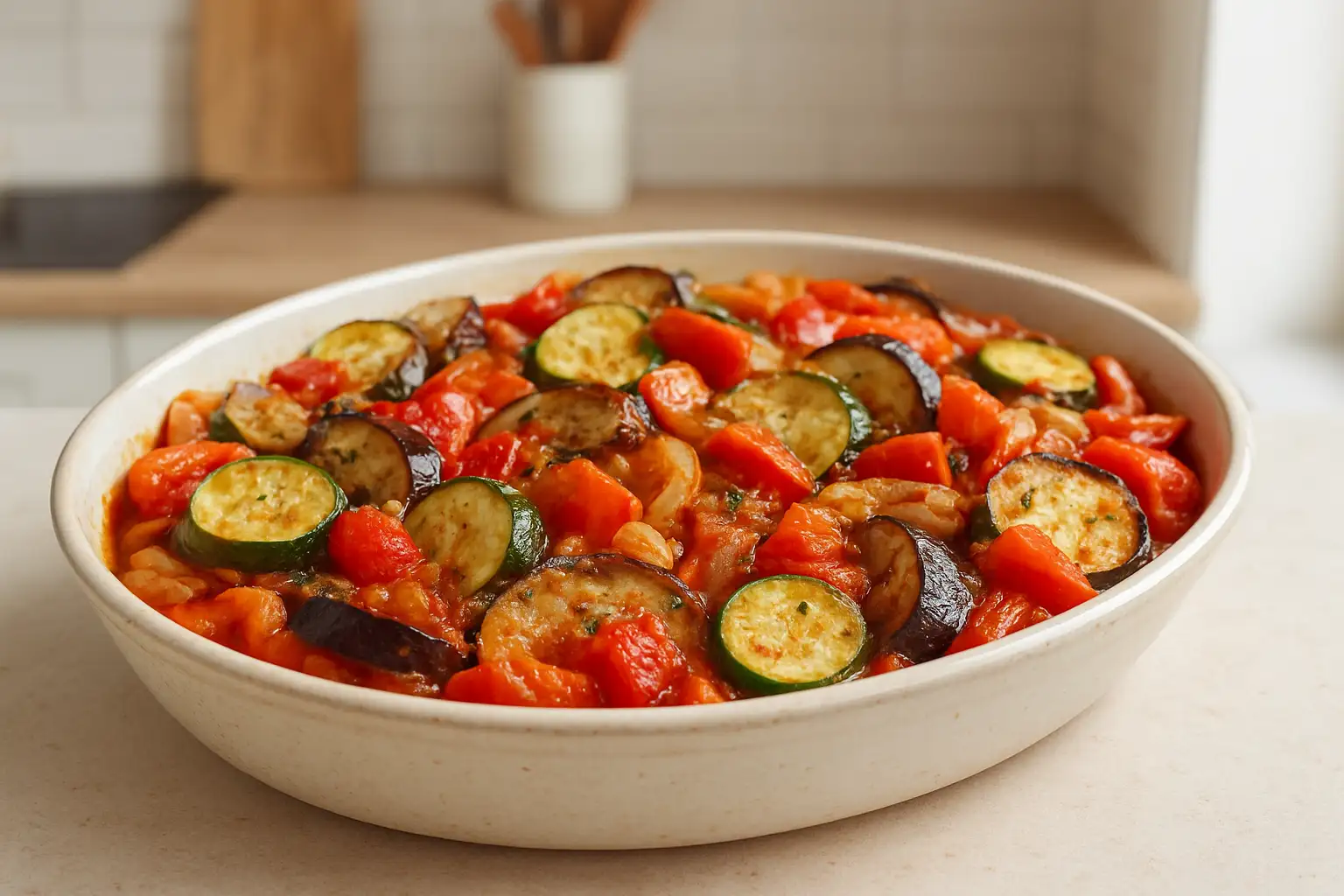 Plat ovale de ratatouille maison aux légumes d’été, vue plongeante