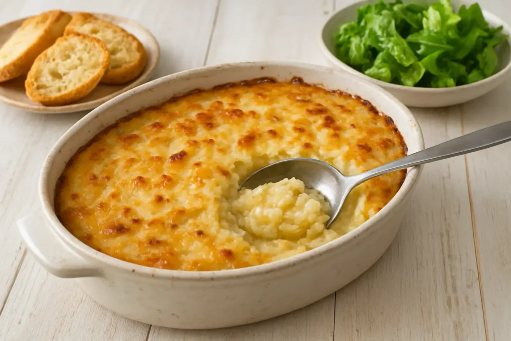 Brandade de morue traditionnelle servie dans un plat à gratin avec pain et salade