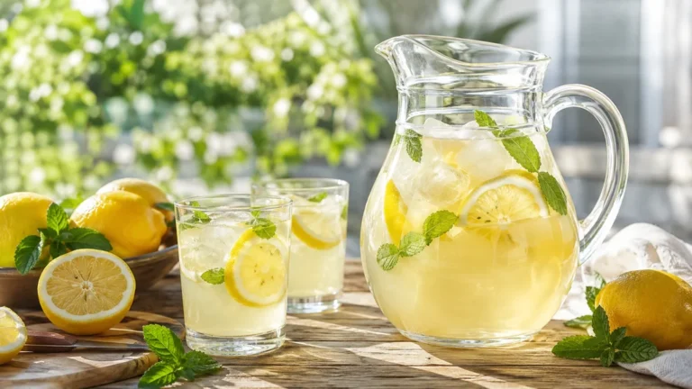 Pichet de citronnade maison fraîche avec des citrons, des glaçons et des feuilles de menthe.