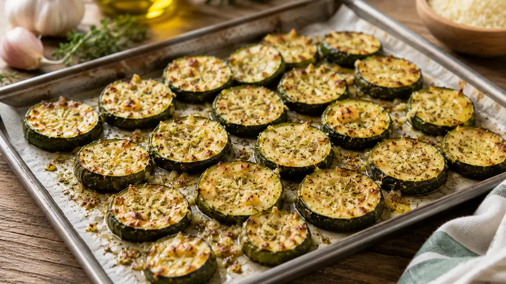 Rondelles de courgette au four dorées avec ail, herbes de Provence et parmesan