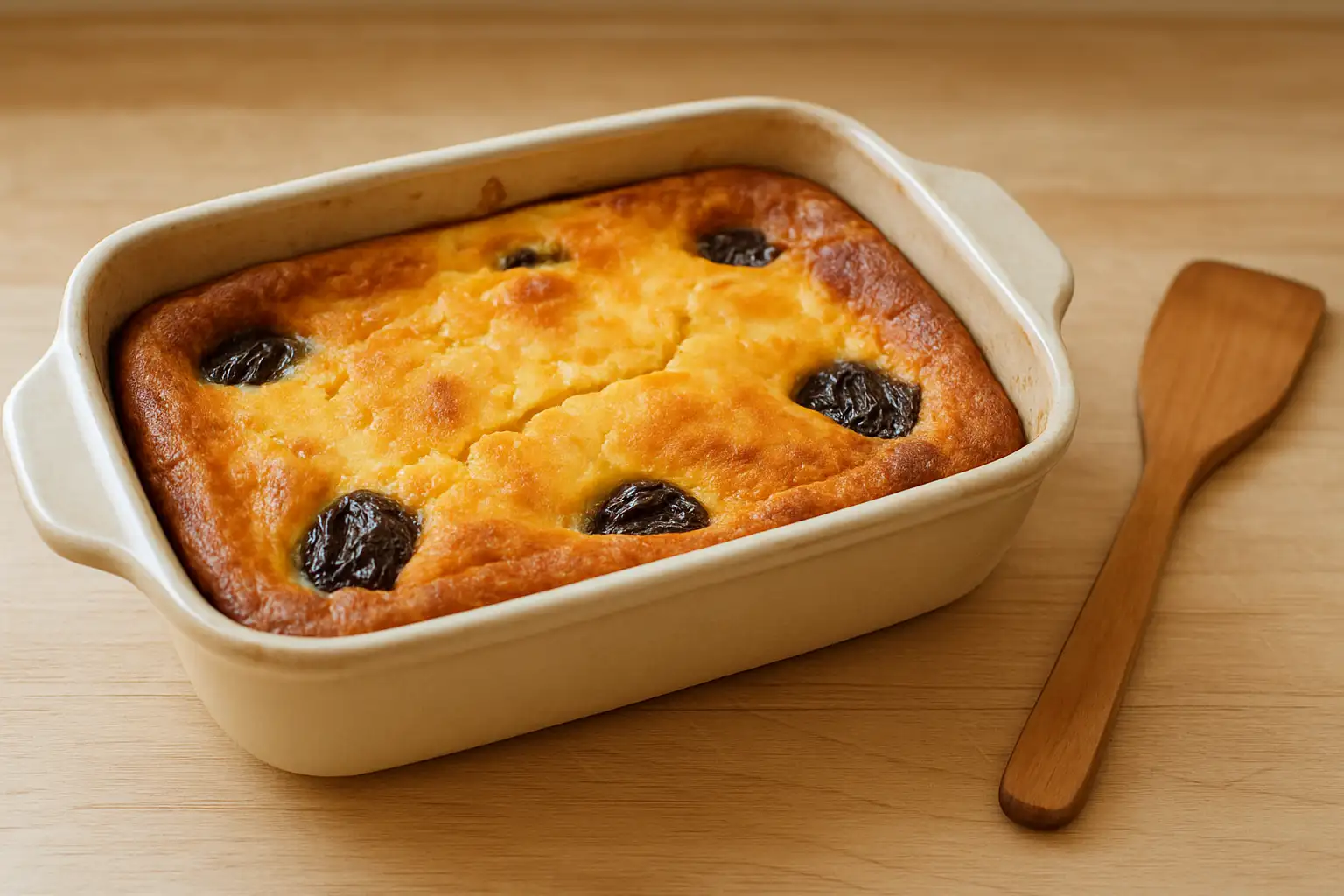 Plat à gratin en faïence contenant un far breton doré avec quelques pruneaux, posé sur un plan de travail en bois clair