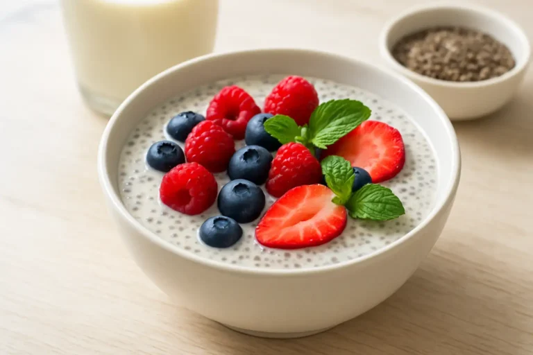 Bol de pudding de chia aux fruits rouges dans une cuisine lumineuse