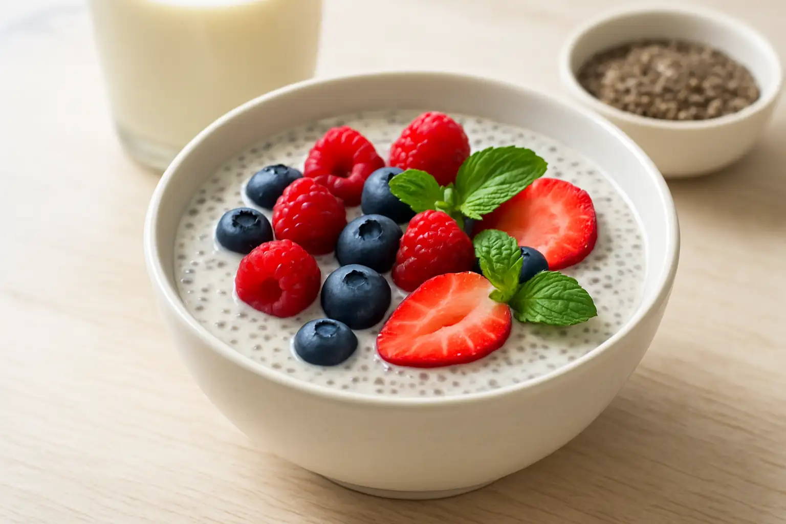 Bol de pudding de chia aux fruits rouges dans une cuisine lumineuse