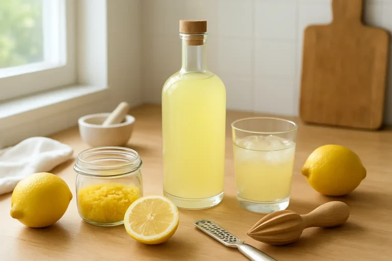 Bocal de limoncello maison avec citrons bio et verre servi froid