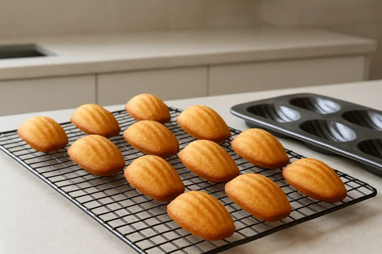 Madeleines moelleuses dorées sur une grille avec un moule à madeleine