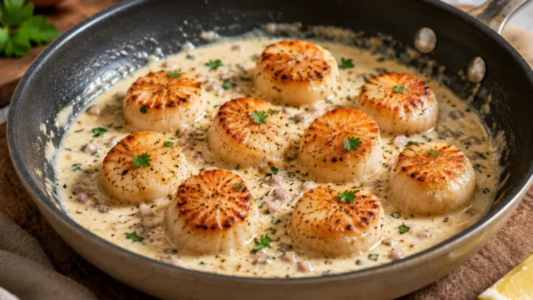 Noix de Saint-Jacques poêlées et dorées servies dans une sauce onctueuse à la crème et à l’échalote.