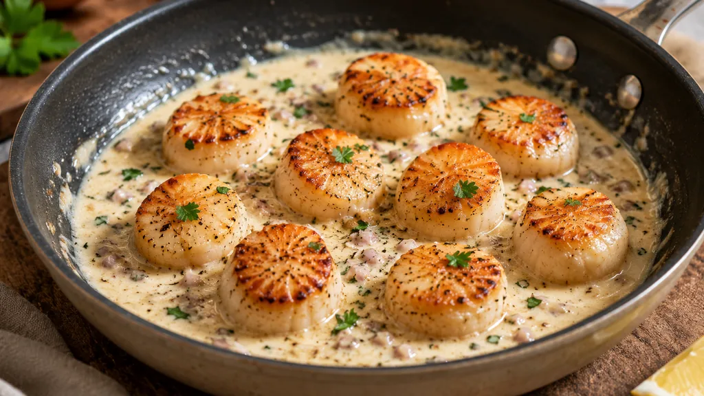 Noix de Saint-Jacques poêlées et dorées servies dans une sauce onctueuse à la crème et à l’échalote.
