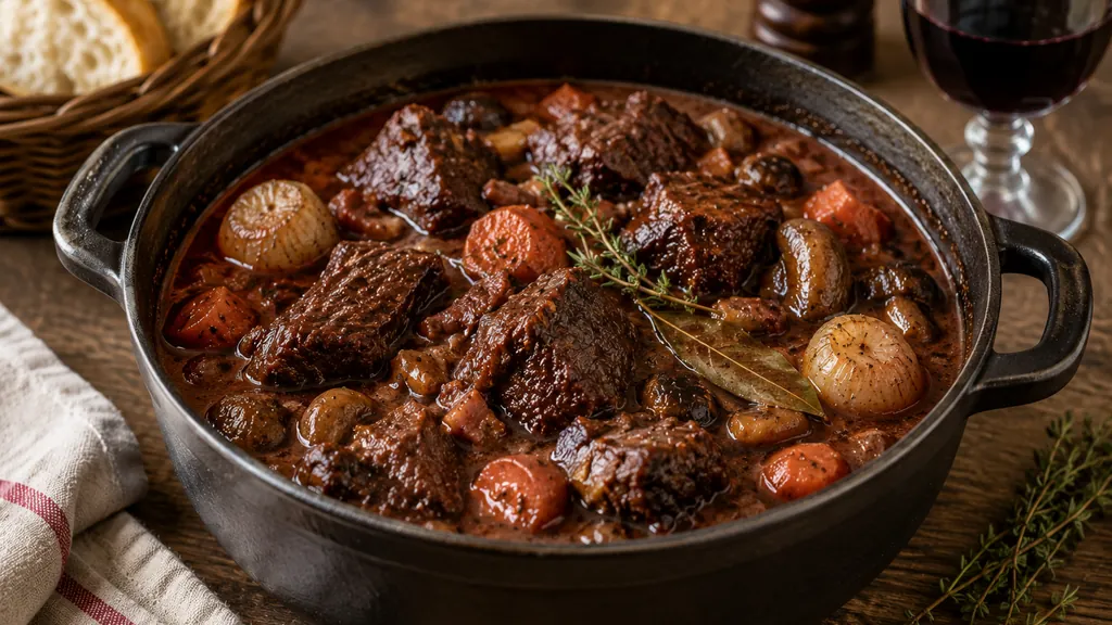 Civet de sanglier mijoté au vin rouge avec carottes, champignons, oignons et herbes dans une cocotte.