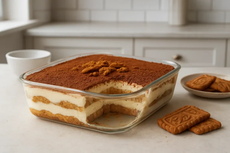 Tiramisu aux spéculoos maison en plat, avec couches crémeuses et cacao en surface