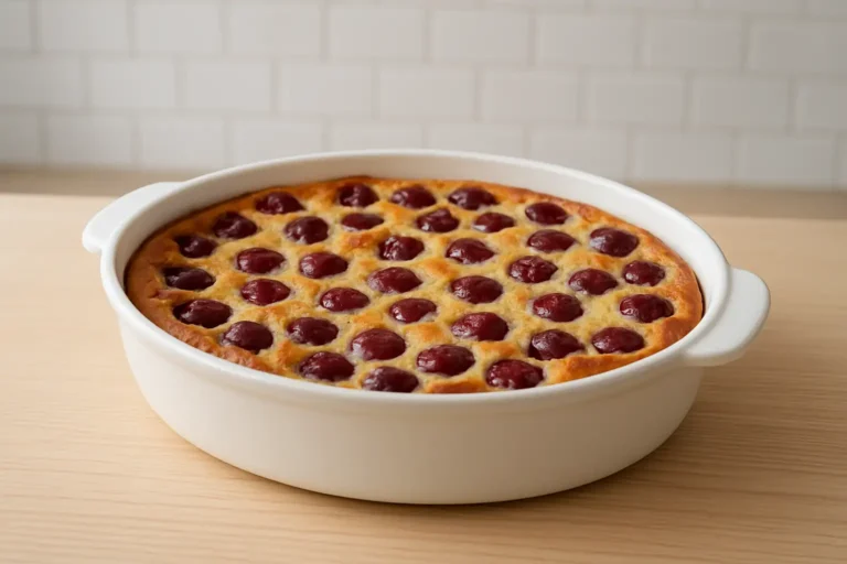 Clafoutis traditionnel aux cerises dans un moule en céramique blanc, légèrement doré sur une table en bois clair
