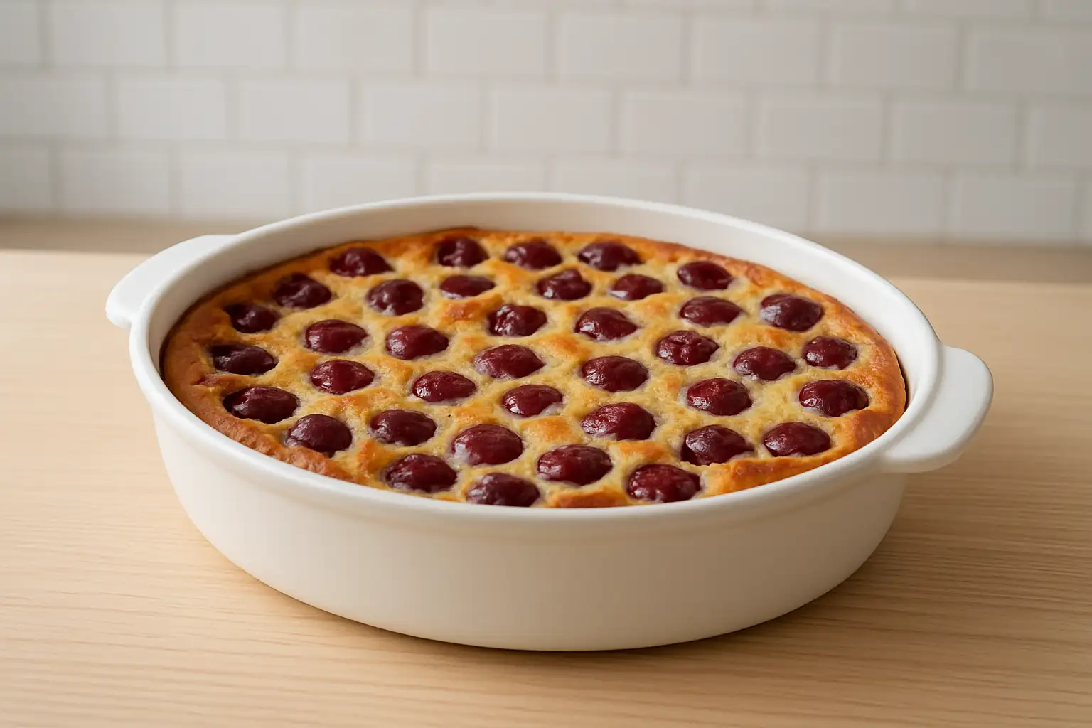 Clafoutis traditionnel aux cerises dans un moule en céramique blanc, légèrement doré sur une table en bois clair