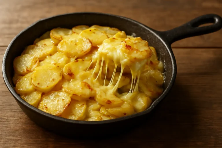 Truffade auvergnate servie dans une poêle rustique avec pommes de terre et fromage fondu
