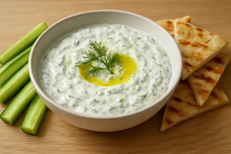 Bol de tzatziki crémeux avec huile d’olive, aneth, concombre et pita grillée