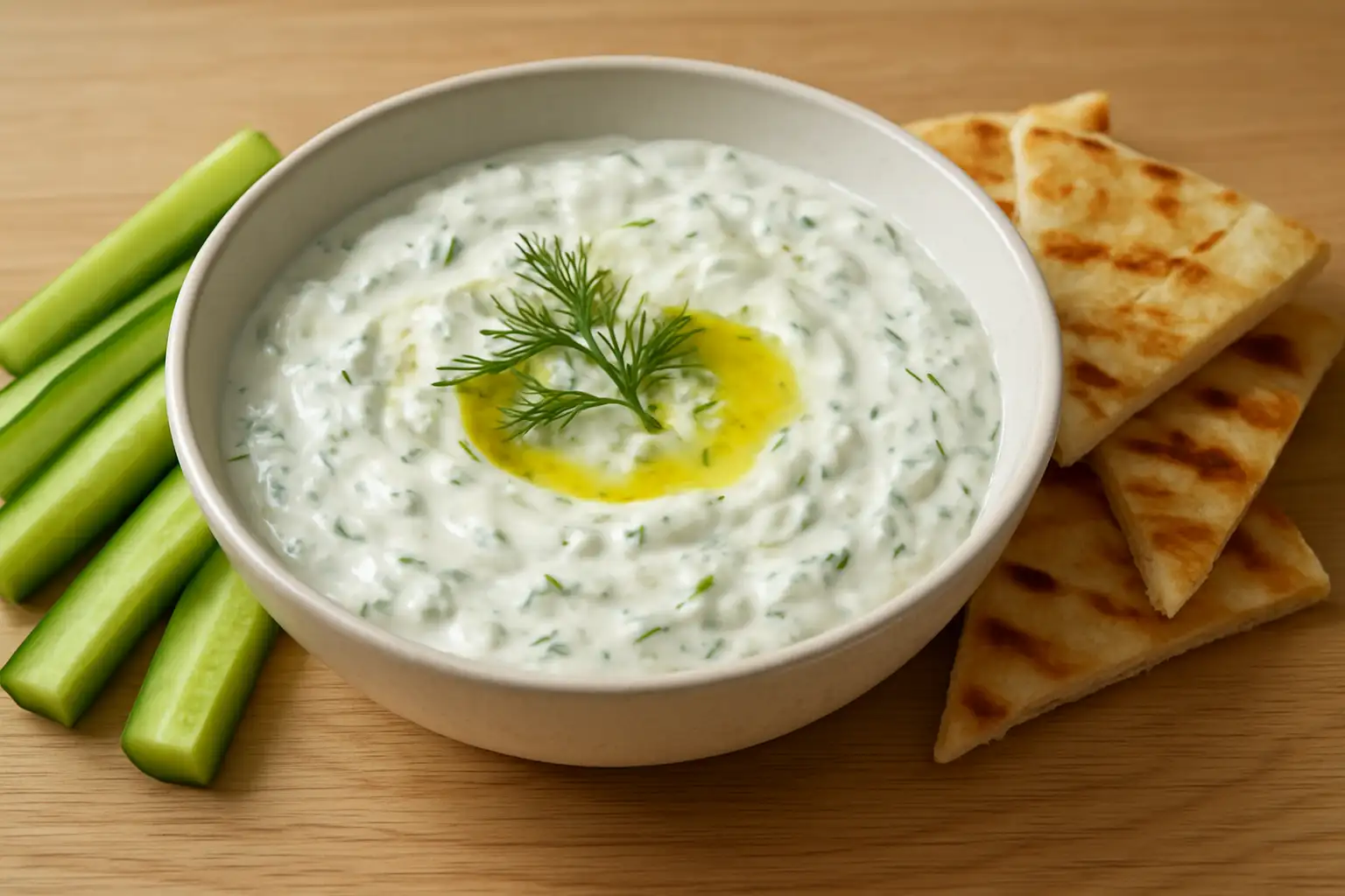 Bol de tzatziki crémeux avec huile d’olive, aneth, concombre et pita grillée