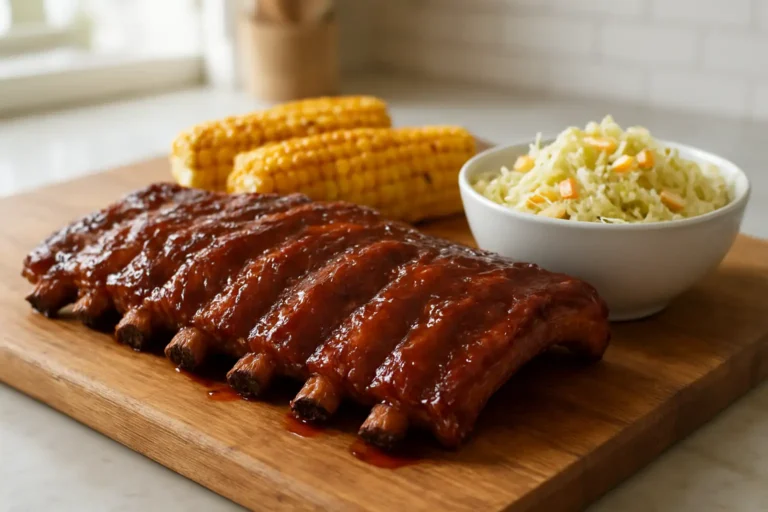 Ribs de porc caramélisés servis avec coleslaw et maïs grillé