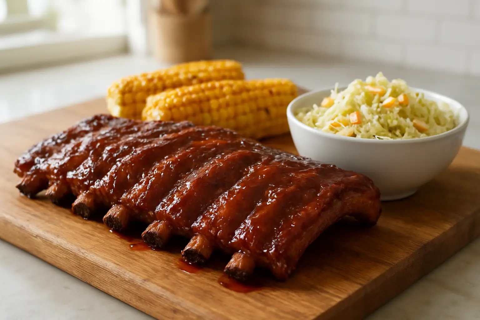 Ribs de porc caramélisés servis avec coleslaw et maïs grillé