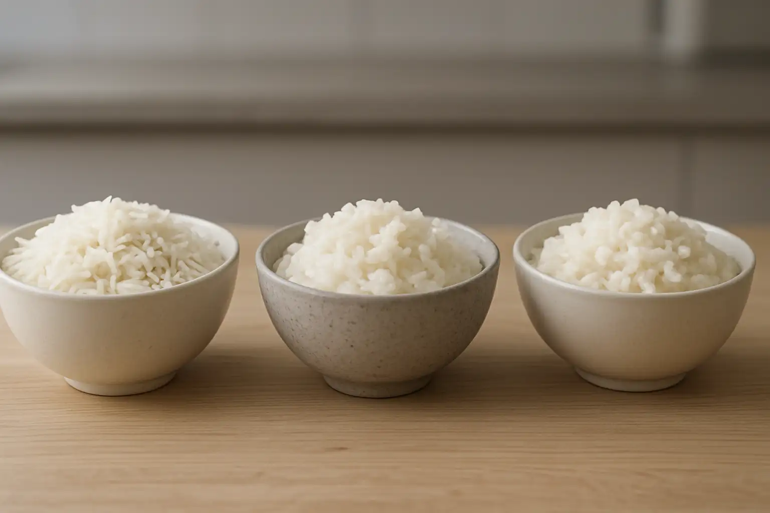 Trois bols de riz différents sur une planche en bois : basmati, riz gluant et riz rond.