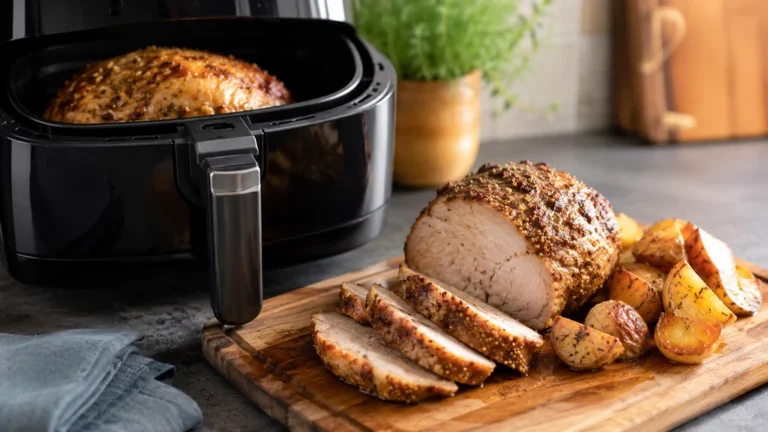 Rôti de porc doré et tranché, cuit dans un air fryer avec des pommes de terre rôties.