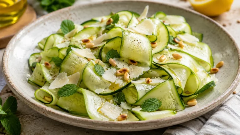 Salade de courgettes crues en fines lamelles avec parmesan, pignons de pin, menthe et vinaigrette citronnée.