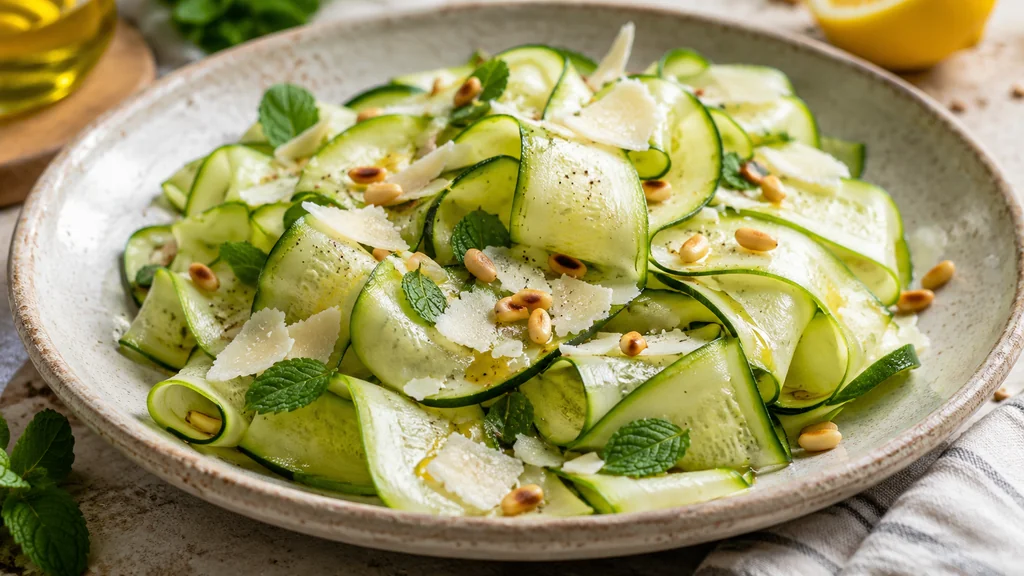 Salade de courgettes crues en fines lamelles avec parmesan, pignons de pin, menthe et vinaigrette citronnée.