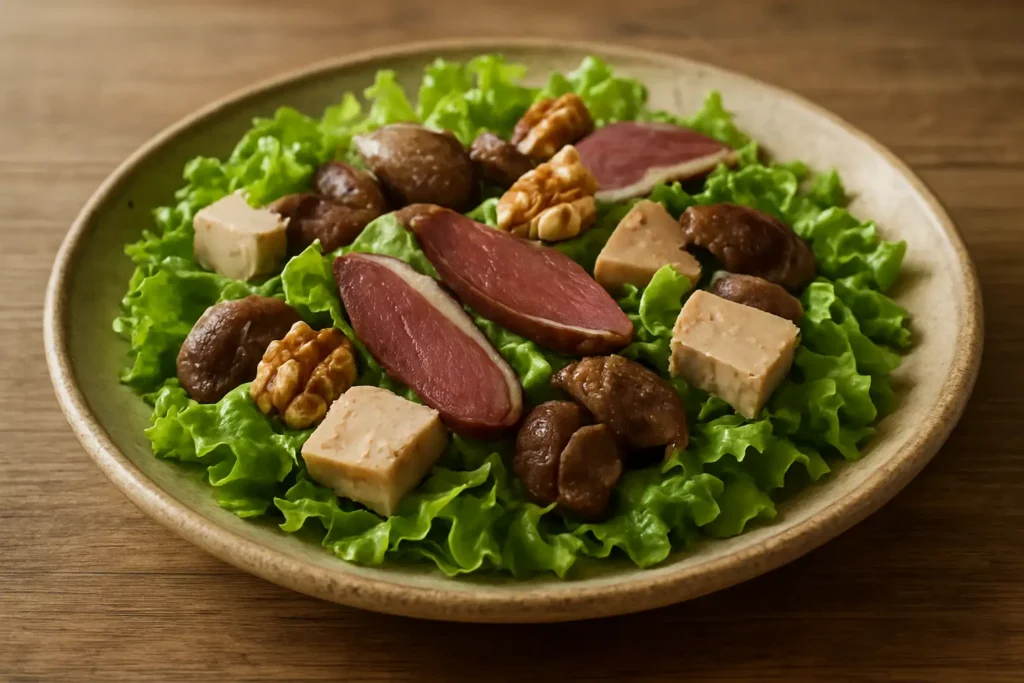 Salade périgourdine garnie de gésiers confits, magret fumé, foie gras et noix du Périgord