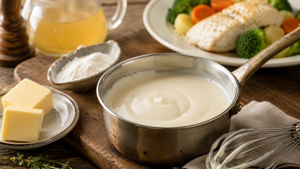 Sauce blanche traditionnelle onctueuse préparée au beurre, à la farine et au bouillon dans une casserole.