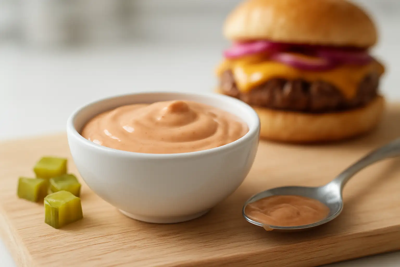 Bowl de sauce burger maison onctueuse avec cornichons et burger flou en arrière-plan