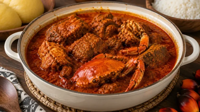 Sauce graine ivoirienne rouge orangée mijotée avec viande, poisson et crabe, servie avec du riz et du foutou.
