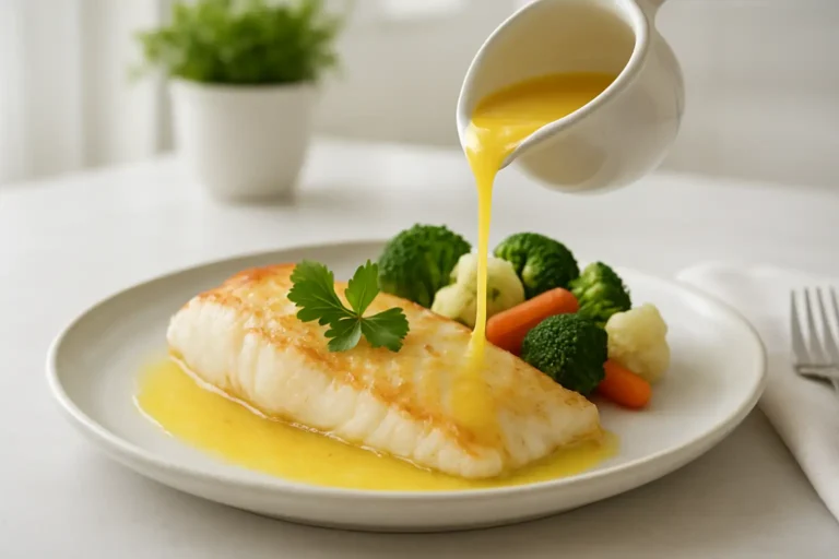 Poisson blanc nappé d’une sauce au citron et au beurre avec des herbes fraîches